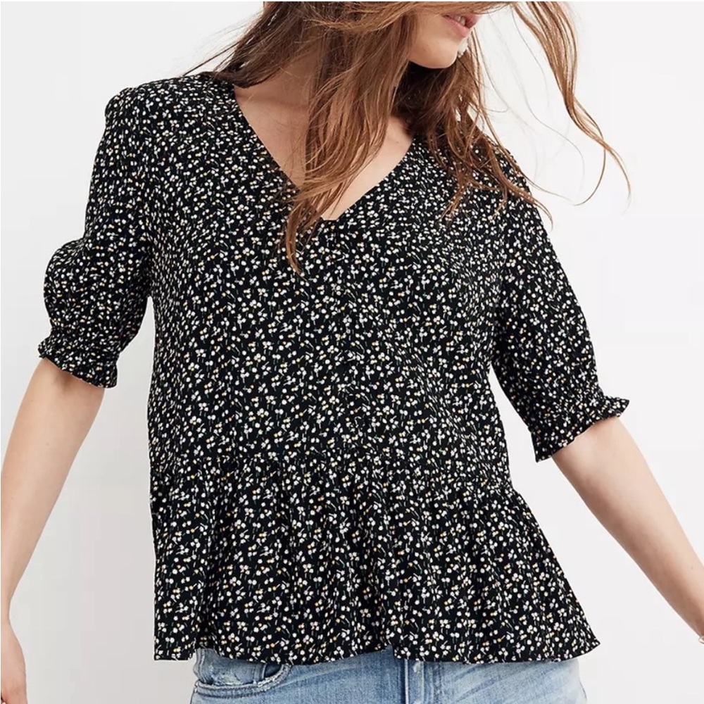 Madewell Floral Printed Puff Sleeve Peplum Boouse